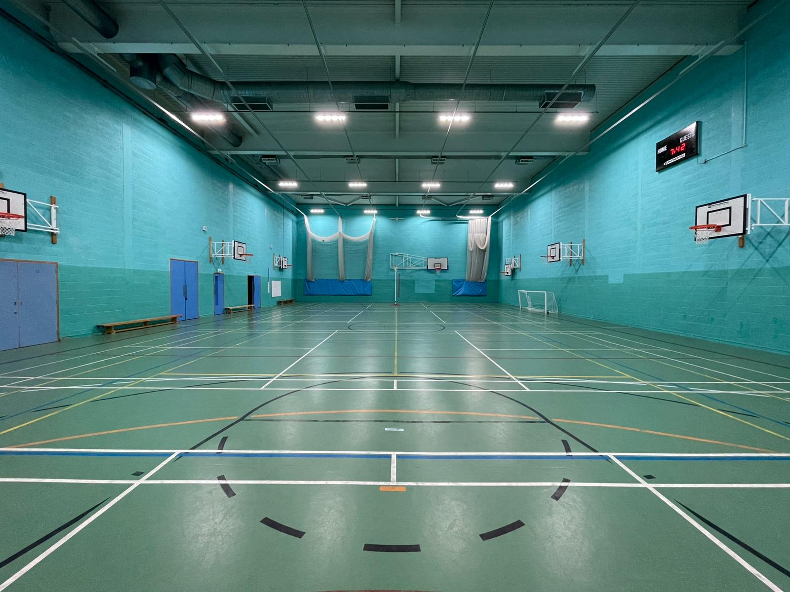 Beacon High School sports hall set up for pickleball in Kentish Town